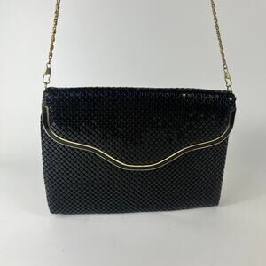 Womens Vintage Vanessa Purse Metal Mesh Clutch Black Gold Snake Chain Evening